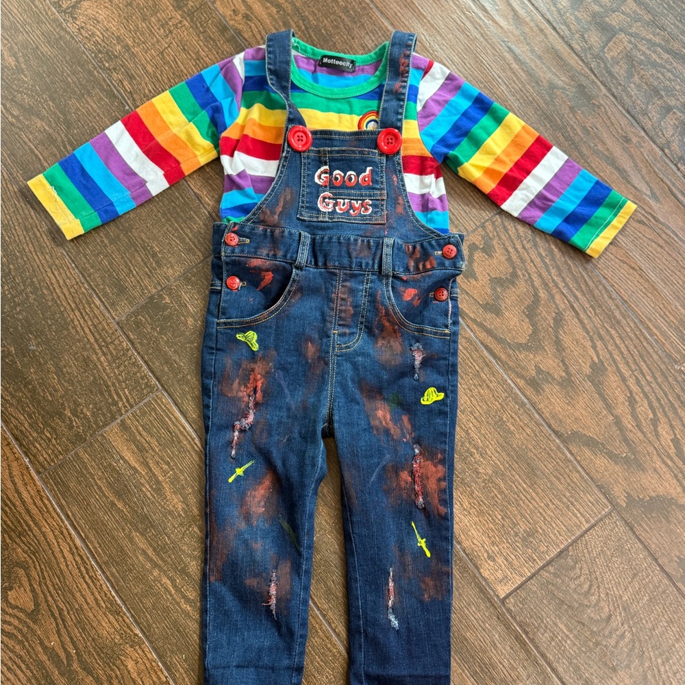 Handmade Kids Chucky costume Rainbow Striped tee and Overalls